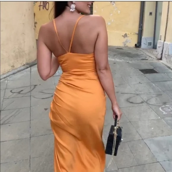 ZARA LONG SLIT DRESS ORANGE RUCHED SIZE XS - Picture 11 of 14